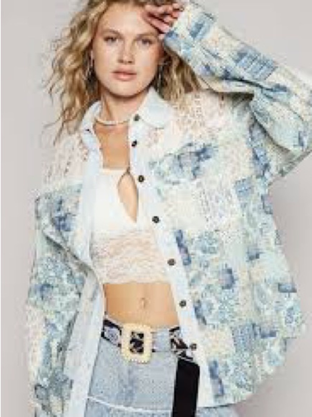 POL Beautiful Mixed Print Woven Cotton & Crochet Applique Shacket-Sz L-NWOT